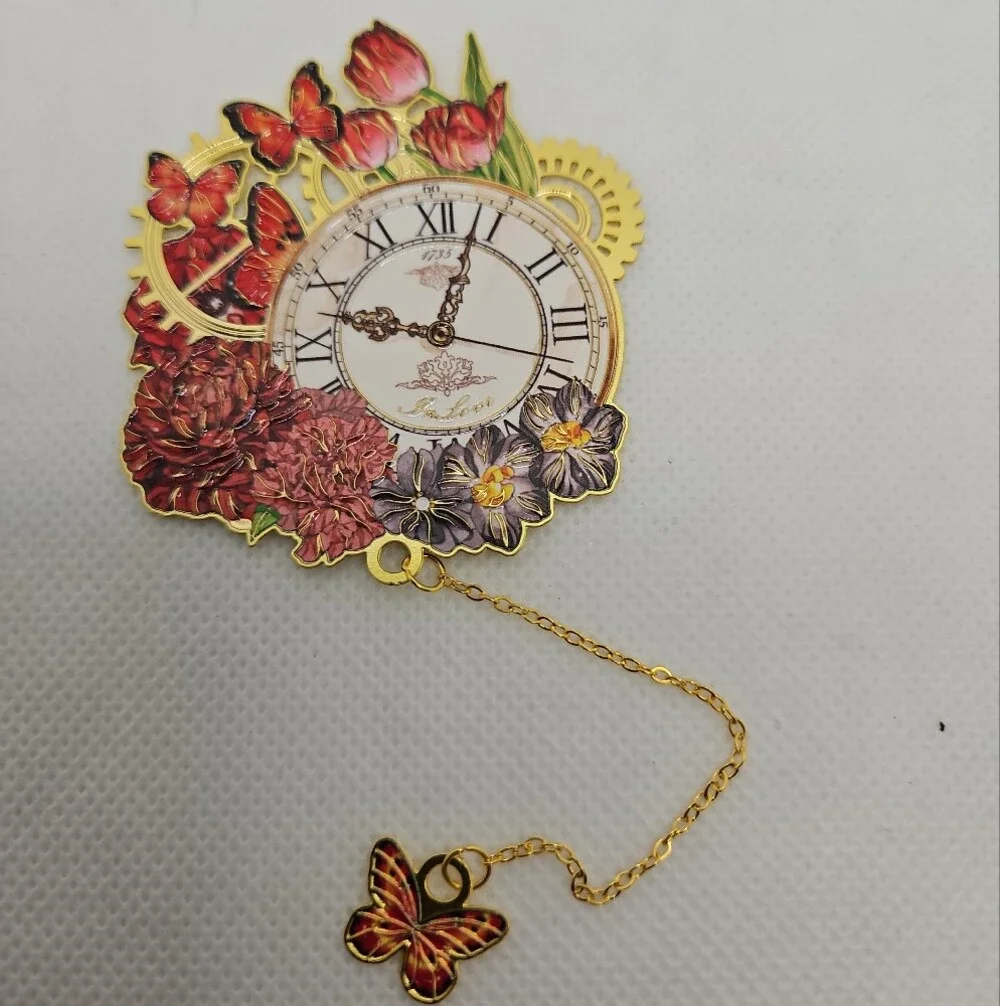 Vintage Floral Clock Enamel Bookmark with Gold Chain and Red Butterfly